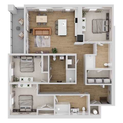 A top-down view of a small apartment layout with a kitchen, living room, and bedrooms.